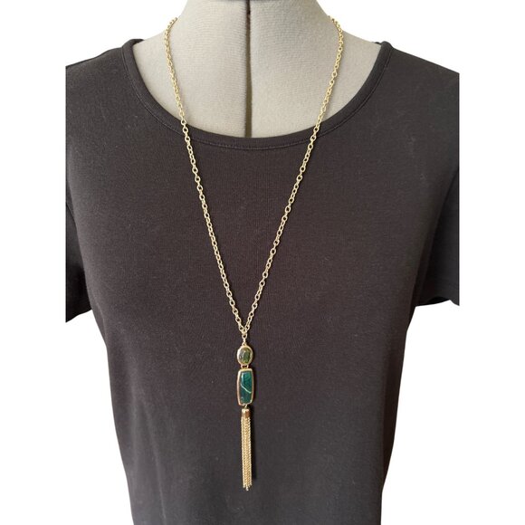 Gold-Tone Green Gemstone Tassel Pendant Necklace & Matching Drop Earrings Set - Picture 1 of 8